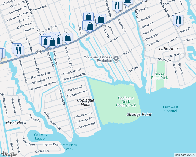 map of restaurants, bars, coffee shops, grocery stores, and more near 63 East Santa Barbara Road in Lindenhurst