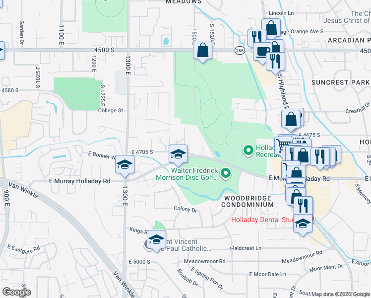 map of restaurants, bars, coffee shops, grocery stores, and more near 1495 East 4705 South in Millcreek