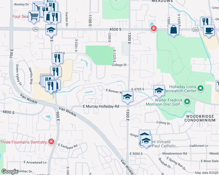 map of restaurants, bars, coffee shops, grocery stores, and more near 4661 Bonner Circle in Millcreek