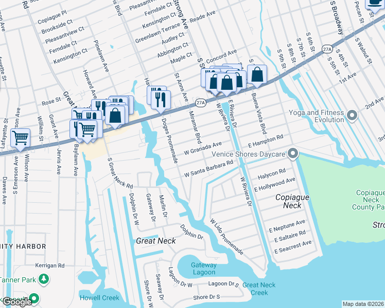 map of restaurants, bars, coffee shops, grocery stores, and more near 120 West Granada Avenue in Lindenhurst