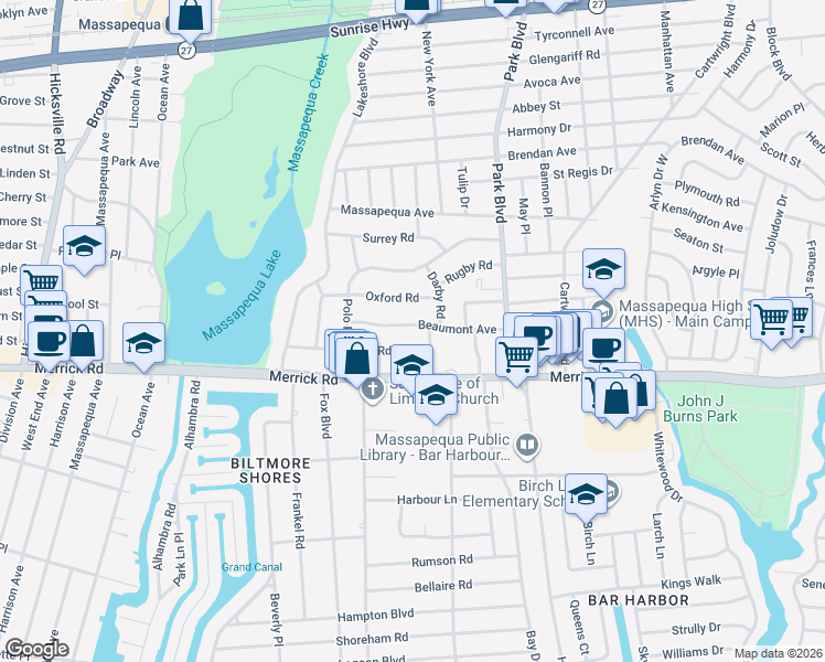 map of restaurants, bars, coffee shops, grocery stores, and more near 44 Beaumont Avenue in Massapequa