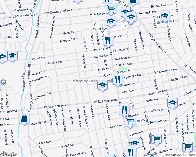 map of restaurants, bars, coffee shops, grocery stores, and more near 49 Craig Avenue in Freeport