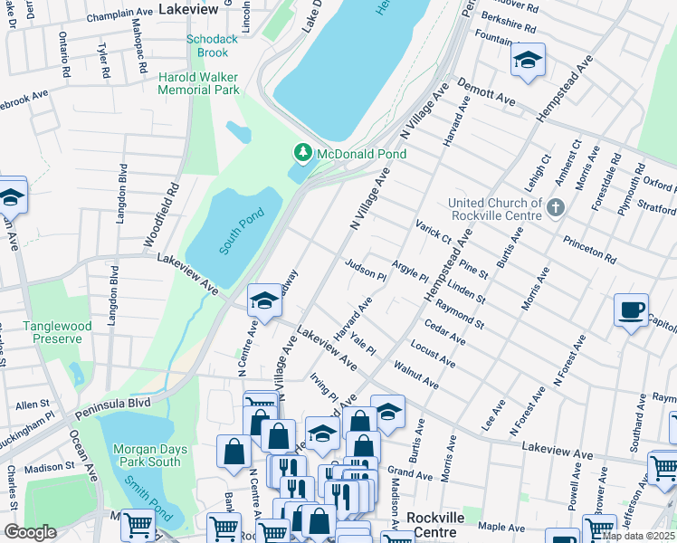map of restaurants, bars, coffee shops, grocery stores, and more near 76 Judson Place in Rockville Centre