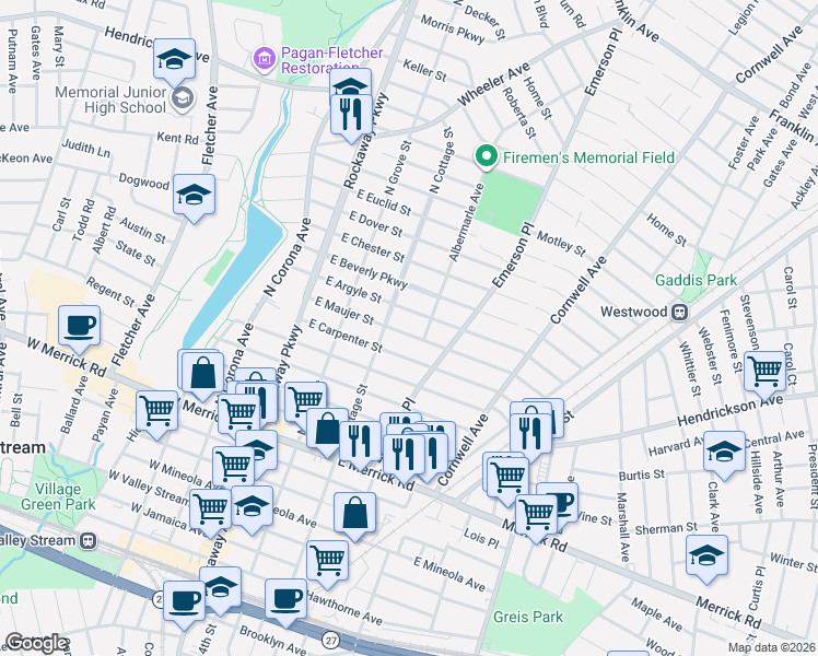 map of restaurants, bars, coffee shops, grocery stores, and more near 76 East Argyle Street in Valley Stream