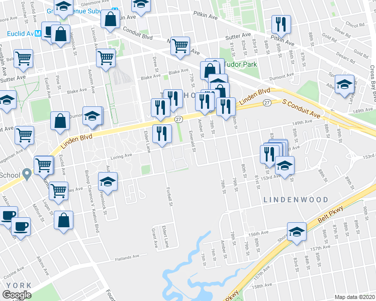 map of restaurants, bars, coffee shops, grocery stores, and more near 601 Emerald Street in Brooklyn
