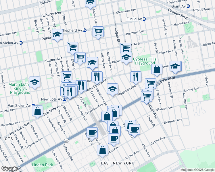 map of restaurants, bars, coffee shops, grocery stores, and more near 884 New Lots Avenue in Brooklyn