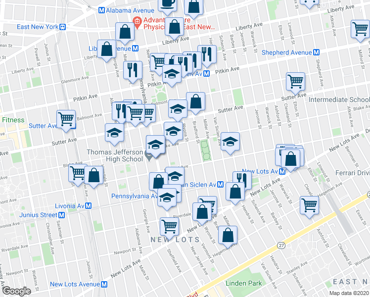 map of restaurants, bars, coffee shops, grocery stores, and more near 435 Wyona Street in Brooklyn