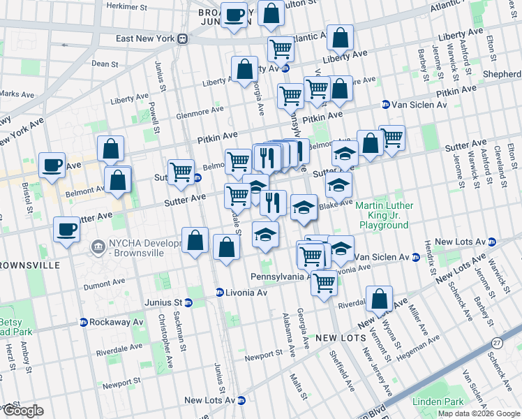 map of restaurants, bars, coffee shops, grocery stores, and more near 331 Alabama Avenue in Brooklyn