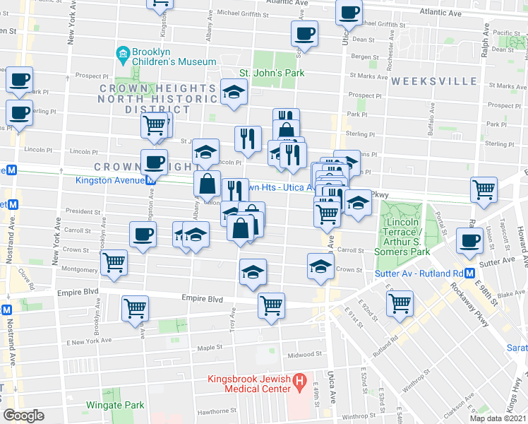 map of restaurants, bars, coffee shops, grocery stores, and more near 1630 Union Street in Brooklyn