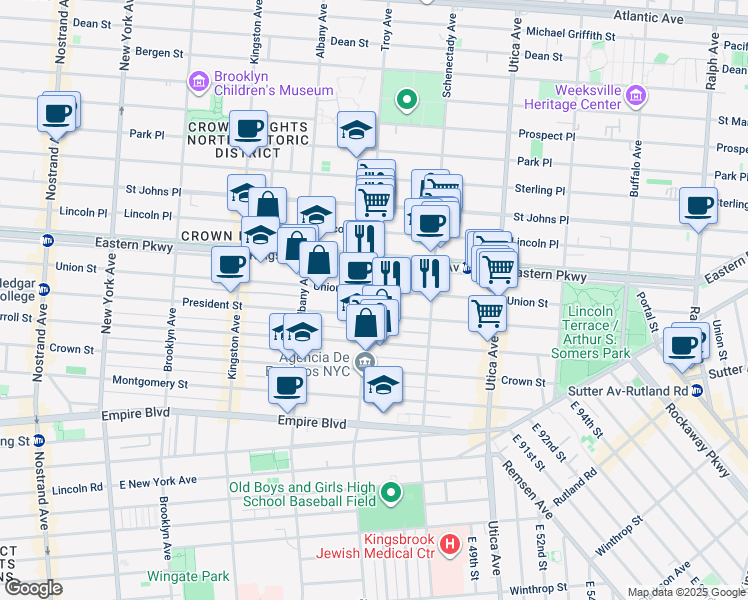 map of restaurants, bars, coffee shops, grocery stores, and more near 307 Troy Avenue in Brooklyn