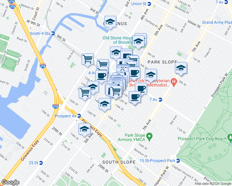map of restaurants, bars, coffee shops, grocery stores, and more near 484 5th Avenue in Brooklyn