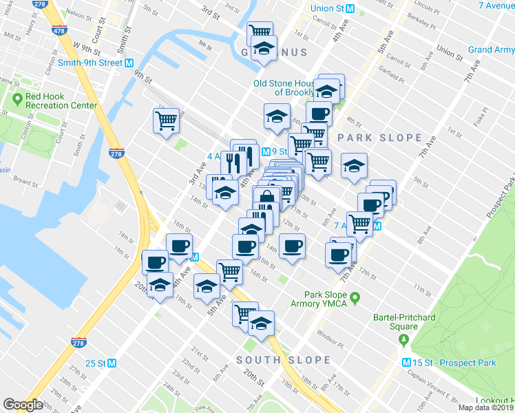 map of restaurants, bars, coffee shops, grocery stores, and more near 246 12th Street in Brooklyn