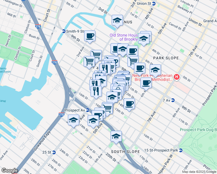 map of restaurants, bars, coffee shops, grocery stores, and more near 221 12th Street in Brooklyn