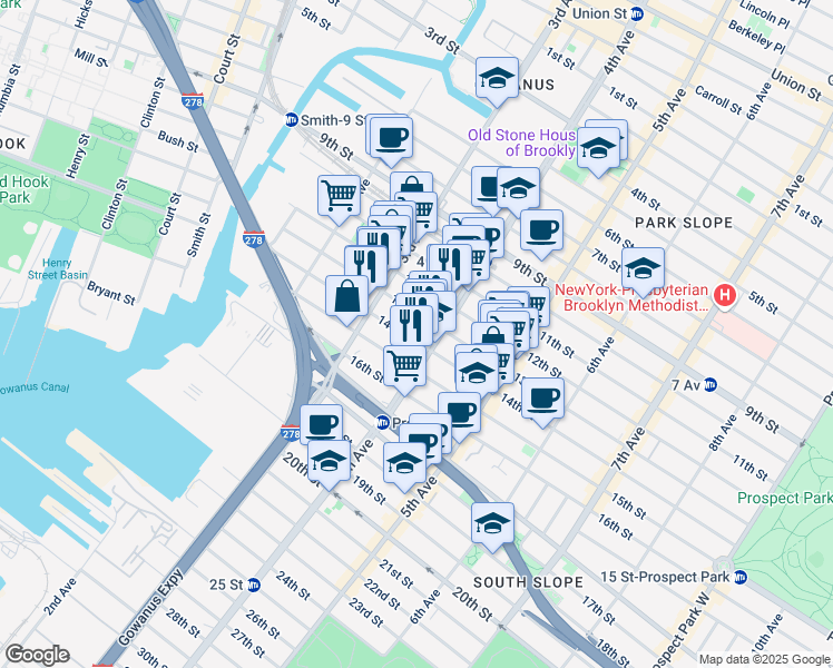 map of restaurants, bars, coffee shops, grocery stores, and more near 163A 14th Street in Brooklyn