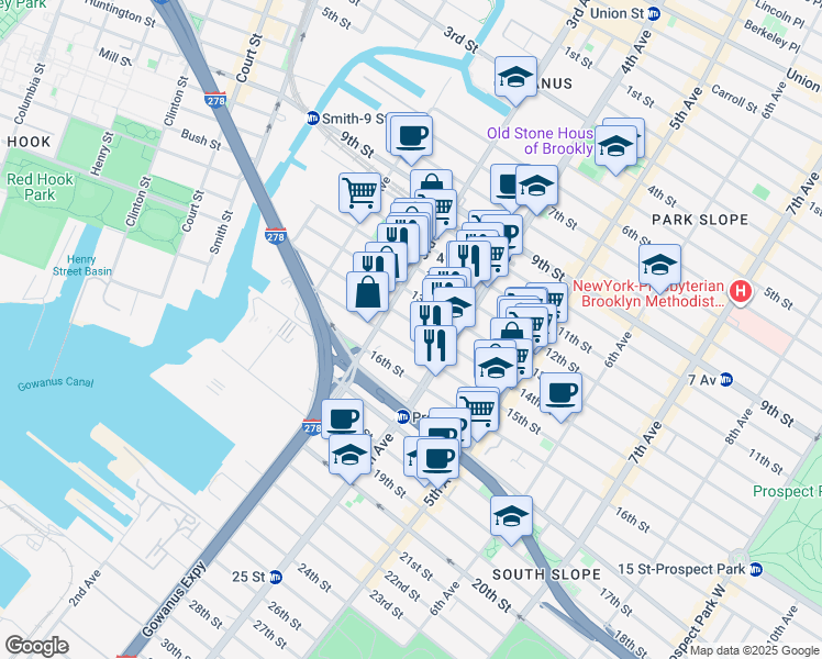 map of restaurants, bars, coffee shops, grocery stores, and more near 163A 14th Street in Brooklyn
