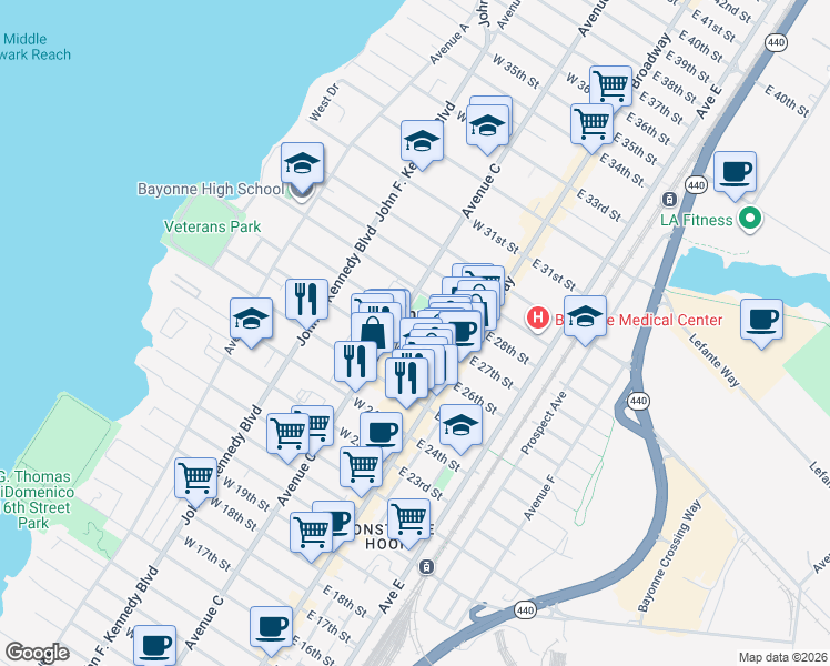 map of restaurants, bars, coffee shops, grocery stores, and more near in Bayonne