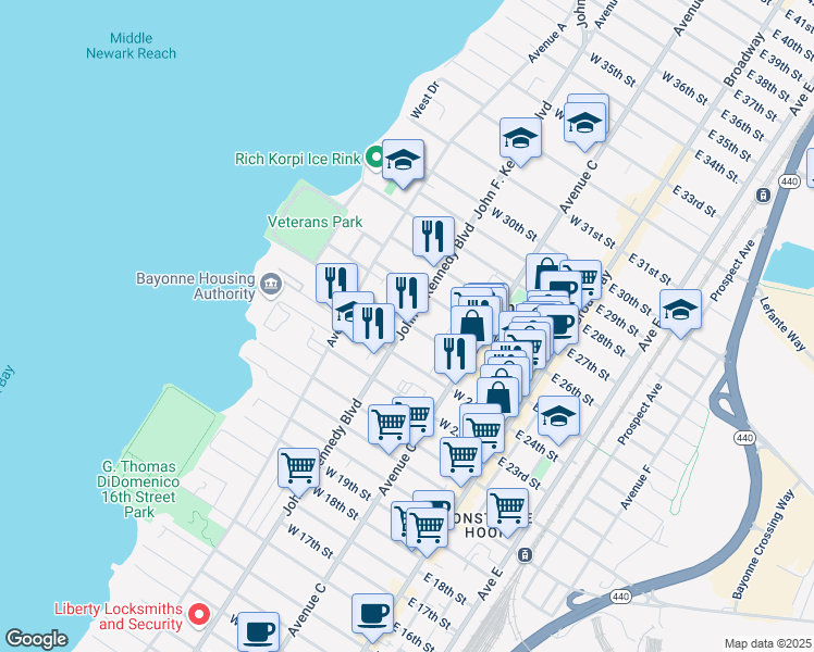 map of restaurants, bars, coffee shops, grocery stores, and more near 654 John F. Kennedy Boulevard in Bayonne