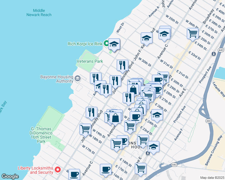 map of restaurants, bars, coffee shops, grocery stores, and more near 124 West 25th Street in Bayonne