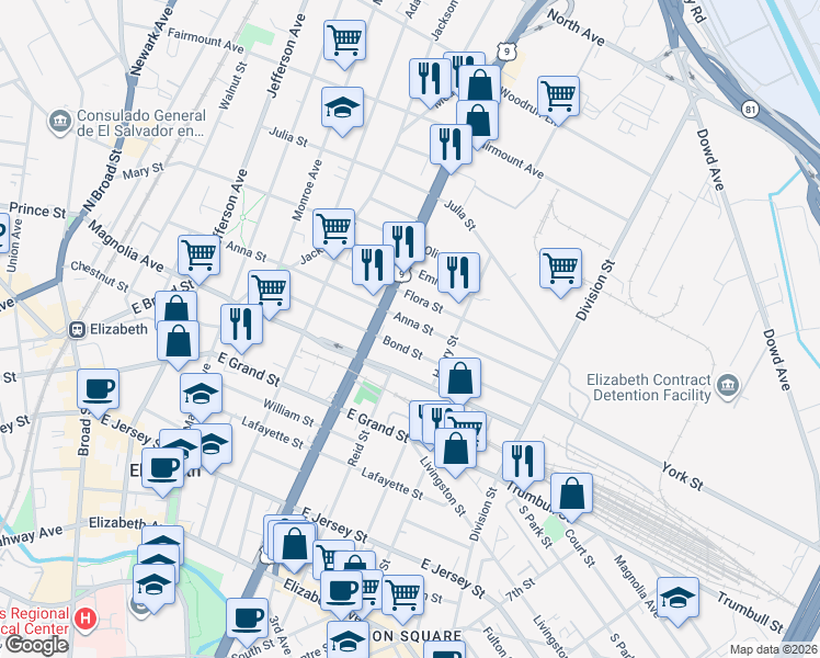 map of restaurants, bars, coffee shops, grocery stores, and more near 937 Anna Street in Elizabeth