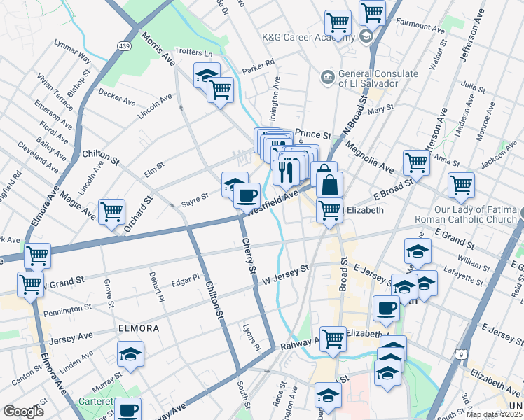 map of restaurants, bars, coffee shops, grocery stores, and more near 73 Westfield Avenue in Elizabeth