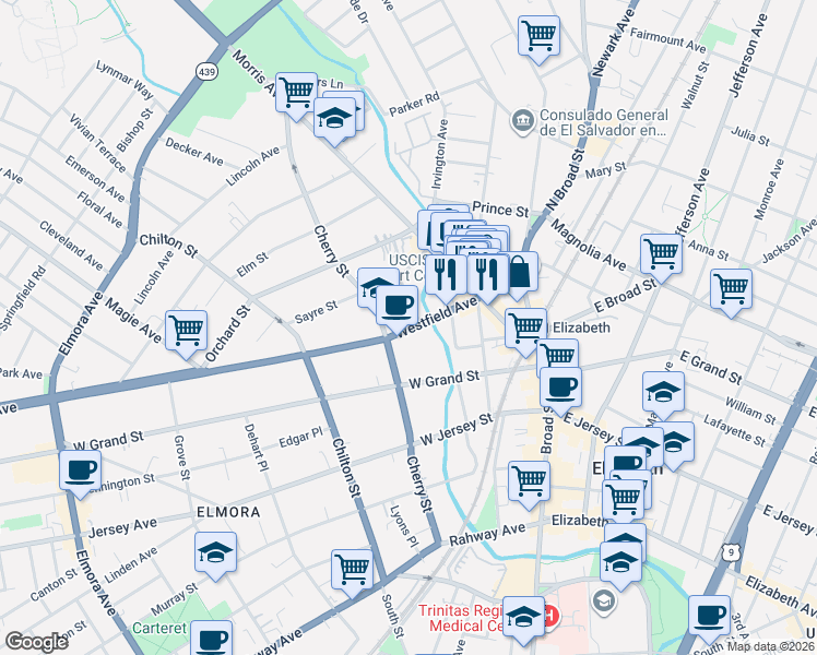 map of restaurants, bars, coffee shops, grocery stores, and more near 73 Westfield Avenue in Elizabeth