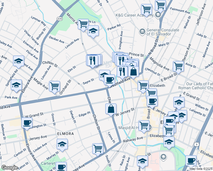 map of restaurants, bars, coffee shops, grocery stores, and more near 308 Cherry Street in Elizabeth