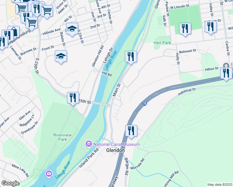 map of restaurants, bars, coffee shops, grocery stores, and more near 173 Main Street in Glendon