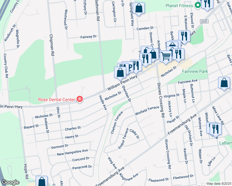 map of restaurants, bars, coffee shops, grocery stores, and more near 4345 Nicholas Street in Easton
