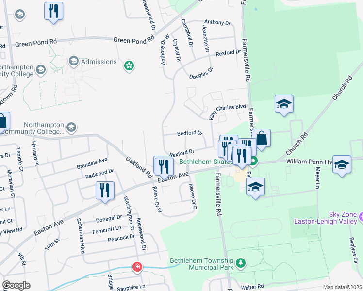 map of restaurants, bars, coffee shops, grocery stores, and more near 4034 Reeve Drive in Bethlehem