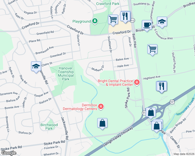map of restaurants, bars, coffee shops, grocery stores, and more near 5312 Greenbriar Drive in Bethlehem