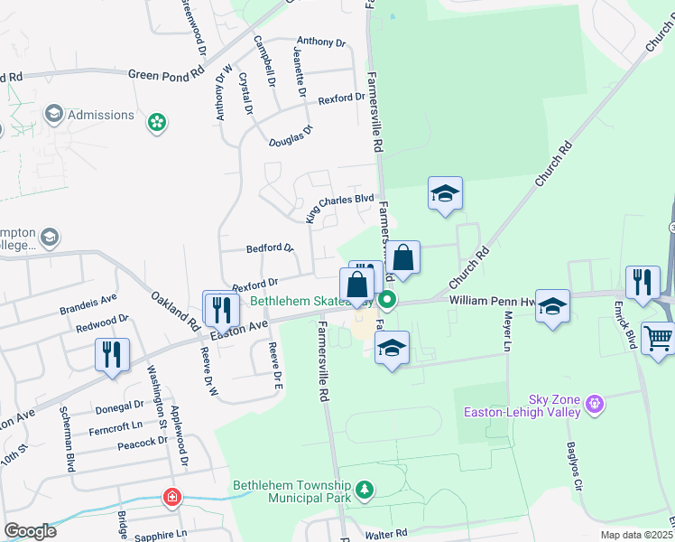 map of restaurants, bars, coffee shops, grocery stores, and more near 108 Brandywine Drive in Bethlehem