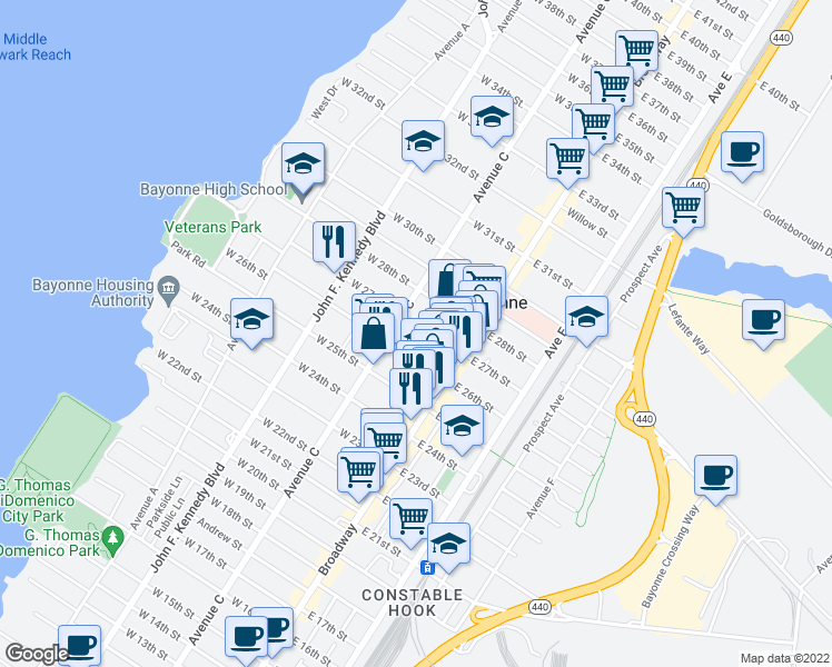 map of restaurants, bars, coffee shops, grocery stores, and more near 40 West 27th Street in Bayonne