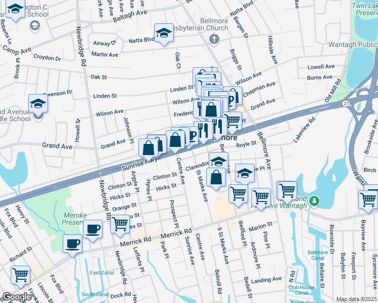 map of restaurants, bars, coffee shops, grocery stores, and more near 1282 Sunrise Highway in Bellmore
