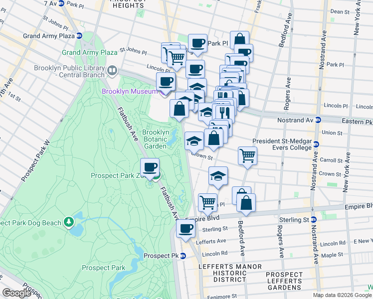 map of restaurants, bars, coffee shops, grocery stores, and more near 899 Washington Avenue in Brooklyn