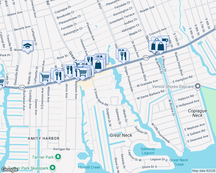 map of restaurants, bars, coffee shops, grocery stores, and more near 85 Schmeelk Place in Copiague