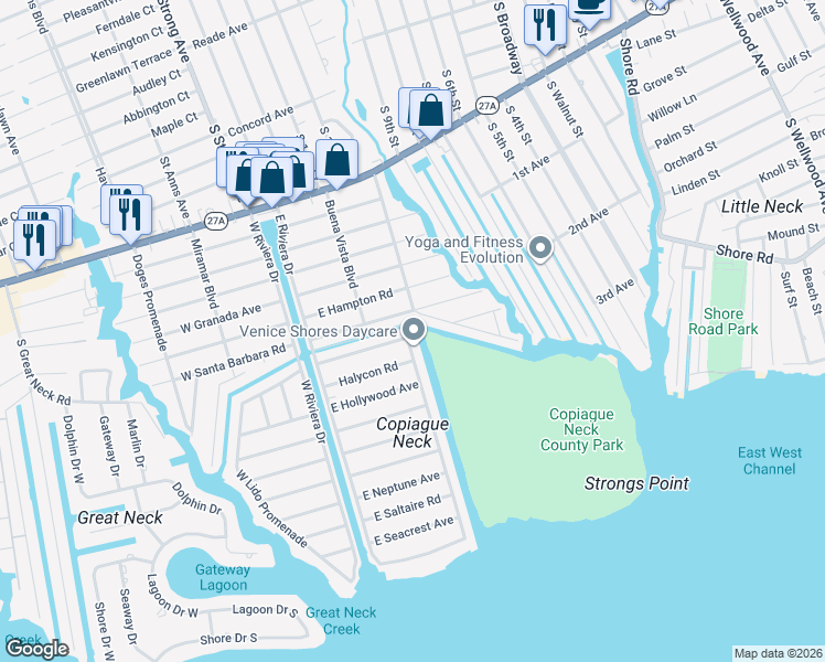 map of restaurants, bars, coffee shops, grocery stores, and more near 2 East Lido Promenade in Lindenhurst