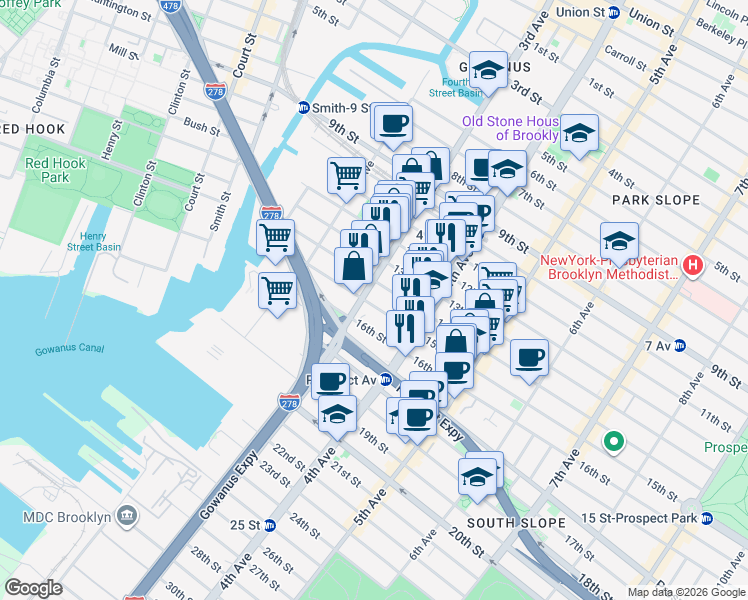 map of restaurants, bars, coffee shops, grocery stores, and more near 95 15th Street in Brooklyn