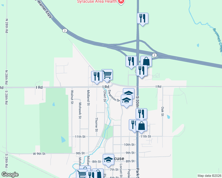 map of restaurants, bars, coffee shops, grocery stores, and more near 1690 Swanson Drive in Syracuse