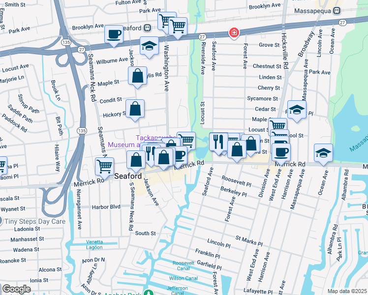 map of restaurants, bars, coffee shops, grocery stores, and more near 2225 Washington Avenue in Seaford