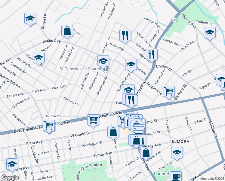 map of restaurants, bars, coffee shops, grocery stores, and more near 152 Springfield Road in Elizabeth