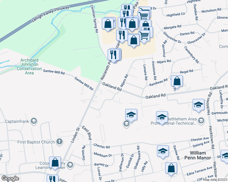 map of restaurants, bars, coffee shops, grocery stores, and more near 2775 Red Oak Circle in Bethlehem