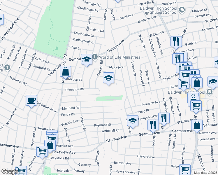 map of restaurants, bars, coffee shops, grocery stores, and more near 140 Shepherd Street in Rockville Centre