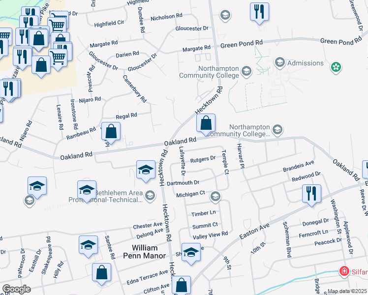 map of restaurants, bars, coffee shops, grocery stores, and more near 3500 Lafayette Drive in Bethlehem