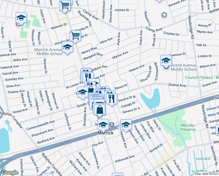 map of restaurants, bars, coffee shops, grocery stores, and more near 128 Hewlett Avenue in Merrick
