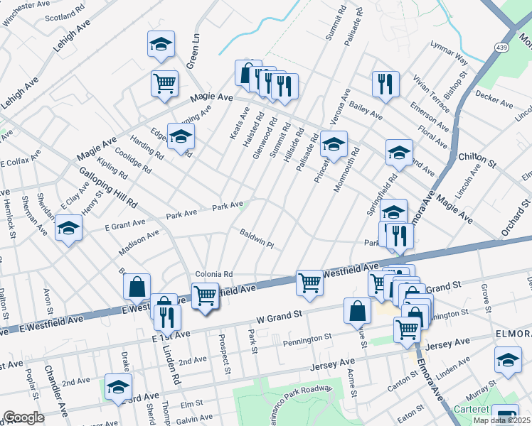 map of restaurants, bars, coffee shops, grocery stores, and more near 85 Hillside Road in Elizabeth