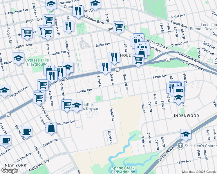 map of restaurants, bars, coffee shops, grocery stores, and more near 1356 Loring Avenue in Brooklyn