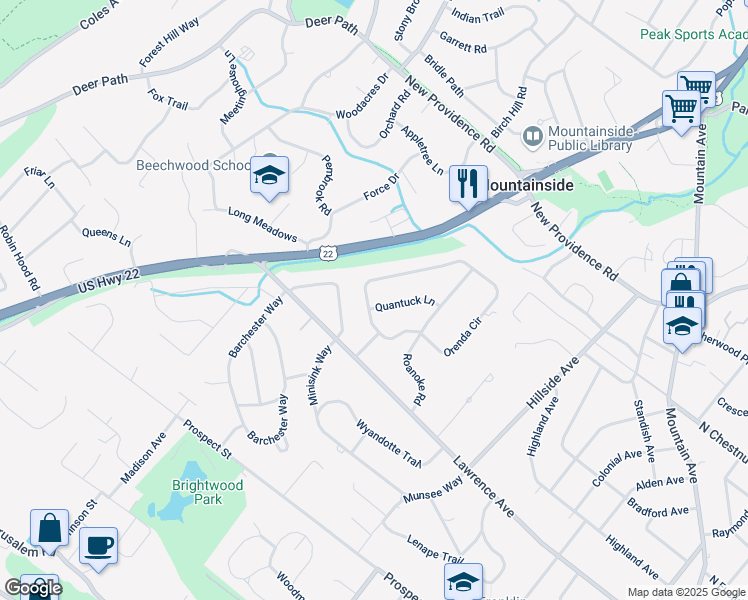 map of restaurants, bars, coffee shops, grocery stores, and more near 401 Quantuck Lane in Westfield