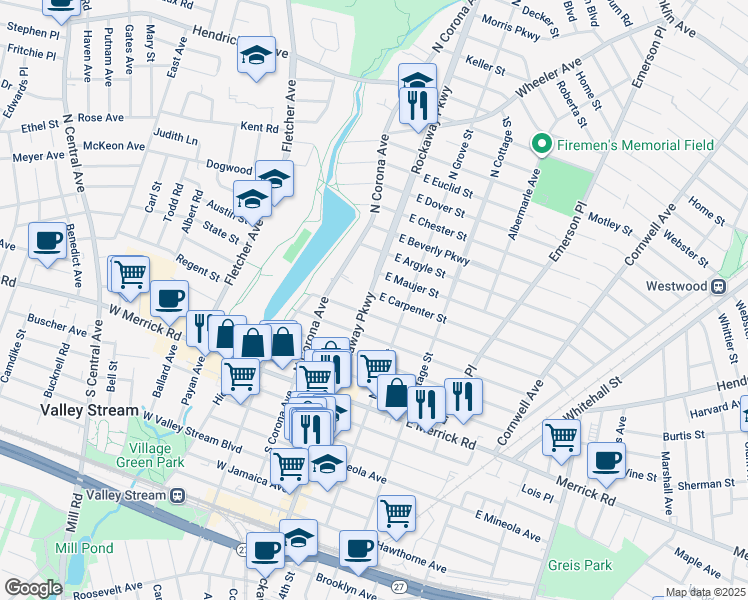 map of restaurants, bars, coffee shops, grocery stores, and more near 95 Rockaway Parkway in Valley Stream