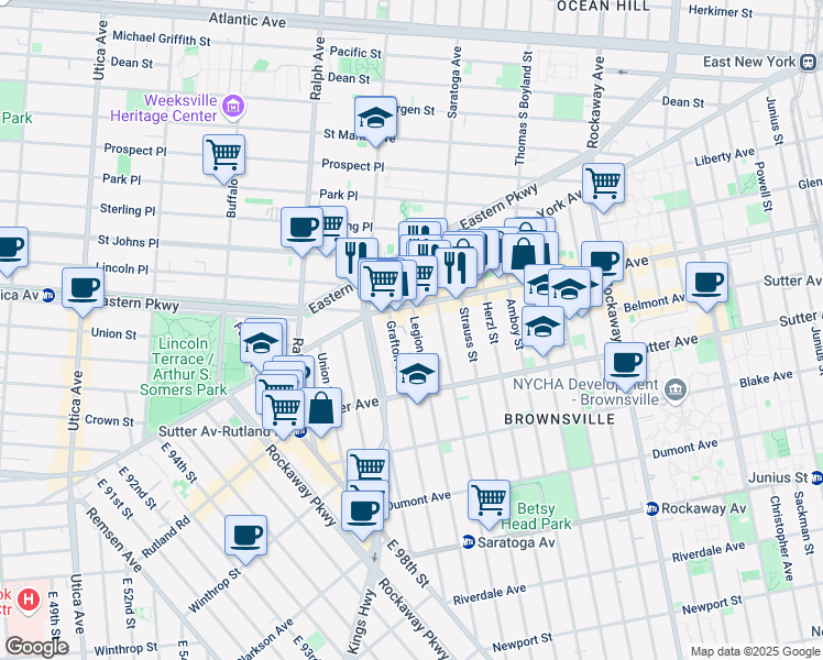 map of restaurants, bars, coffee shops, grocery stores, and more near 50 Legion Street in Brooklyn