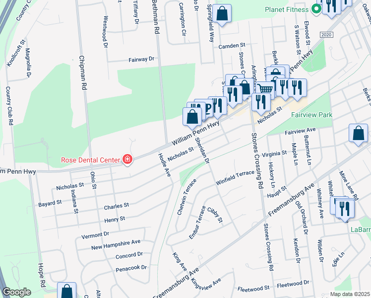 map of restaurants, bars, coffee shops, grocery stores, and more near 4345 Nicholas Street in Easton